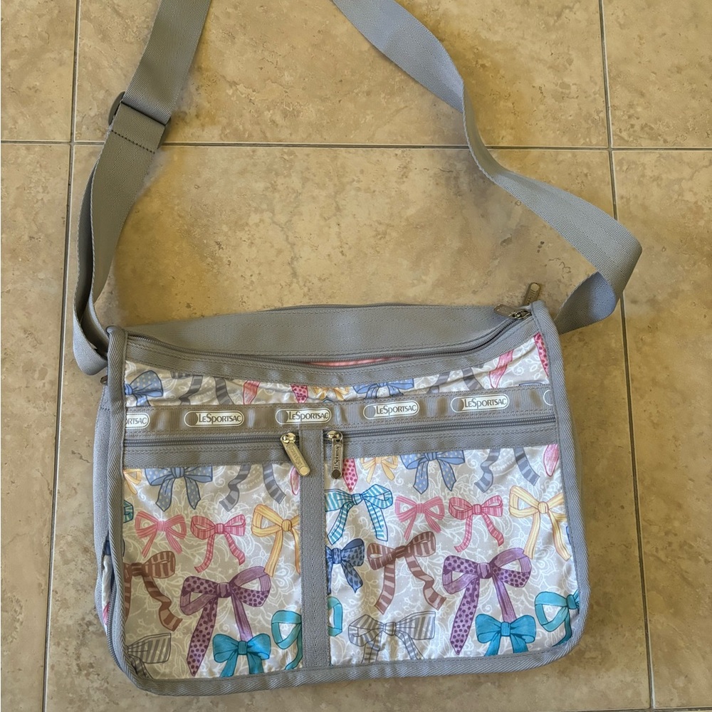 LeSportsac Gray with Multicolor Bow Print Shoulder Bag